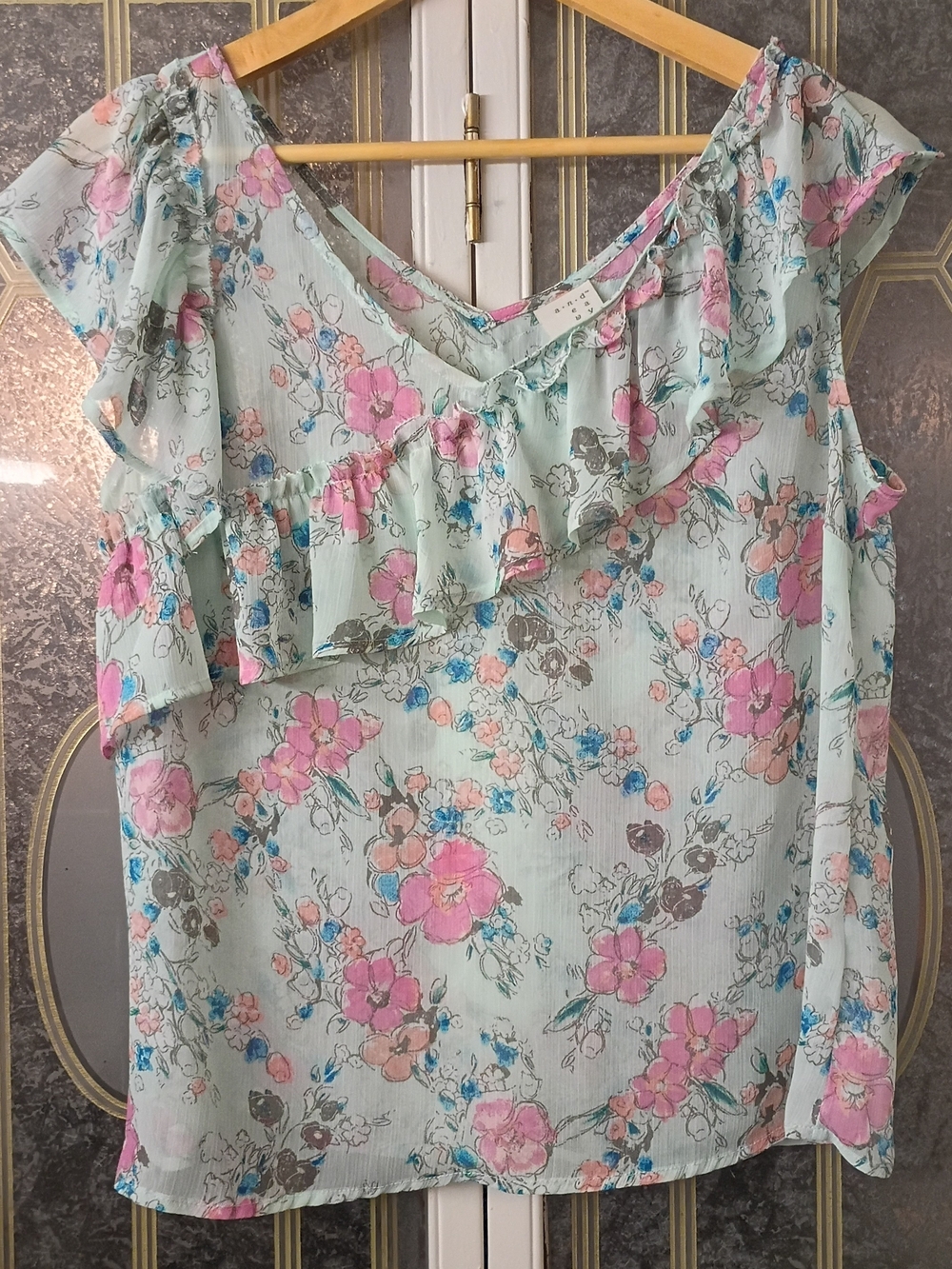 a new day Mint Floral Ruffle Sleeveless Blouse - Pink & Blue Flowers